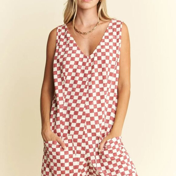 Jade By Jane Plus Size Back Tie Sleeveless Plaid Romper with Pockets - Picture 1 of 10